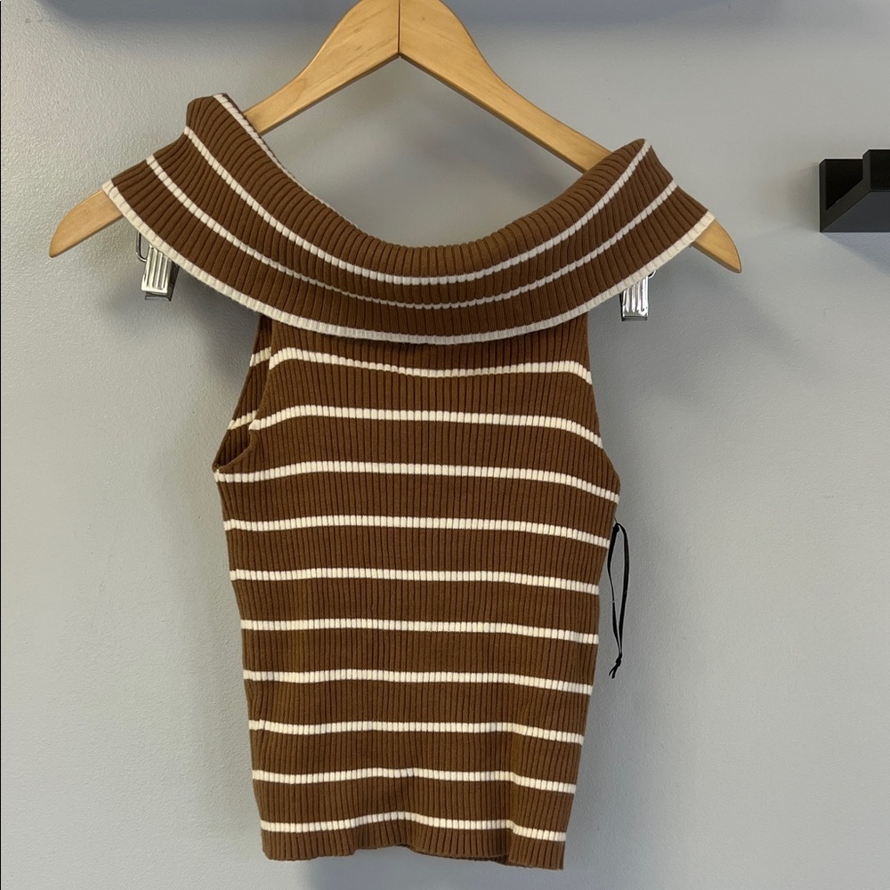 Freshman Chocolate & Cream Striped Cable Knt Top Sleeveless on/off Shoulder Sz L